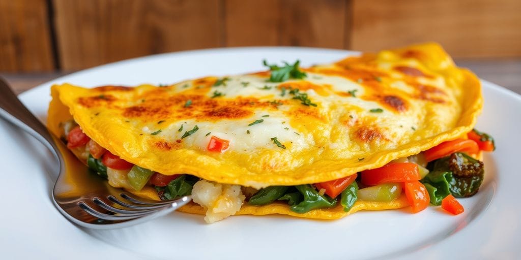 Delicious vegetable and cheese omelette on a plate.