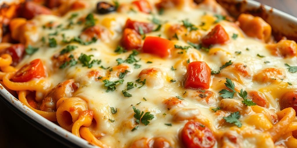 Pasta bake with cheese and vegetables in a dish.